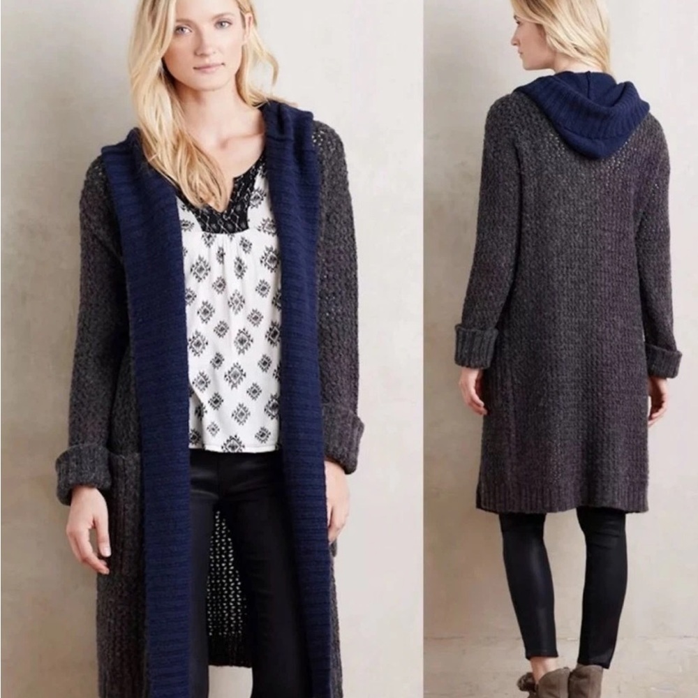 Anthropologie Wool Knit Sleeping on Snow Gray and Navy Hooded Sweater sz XS